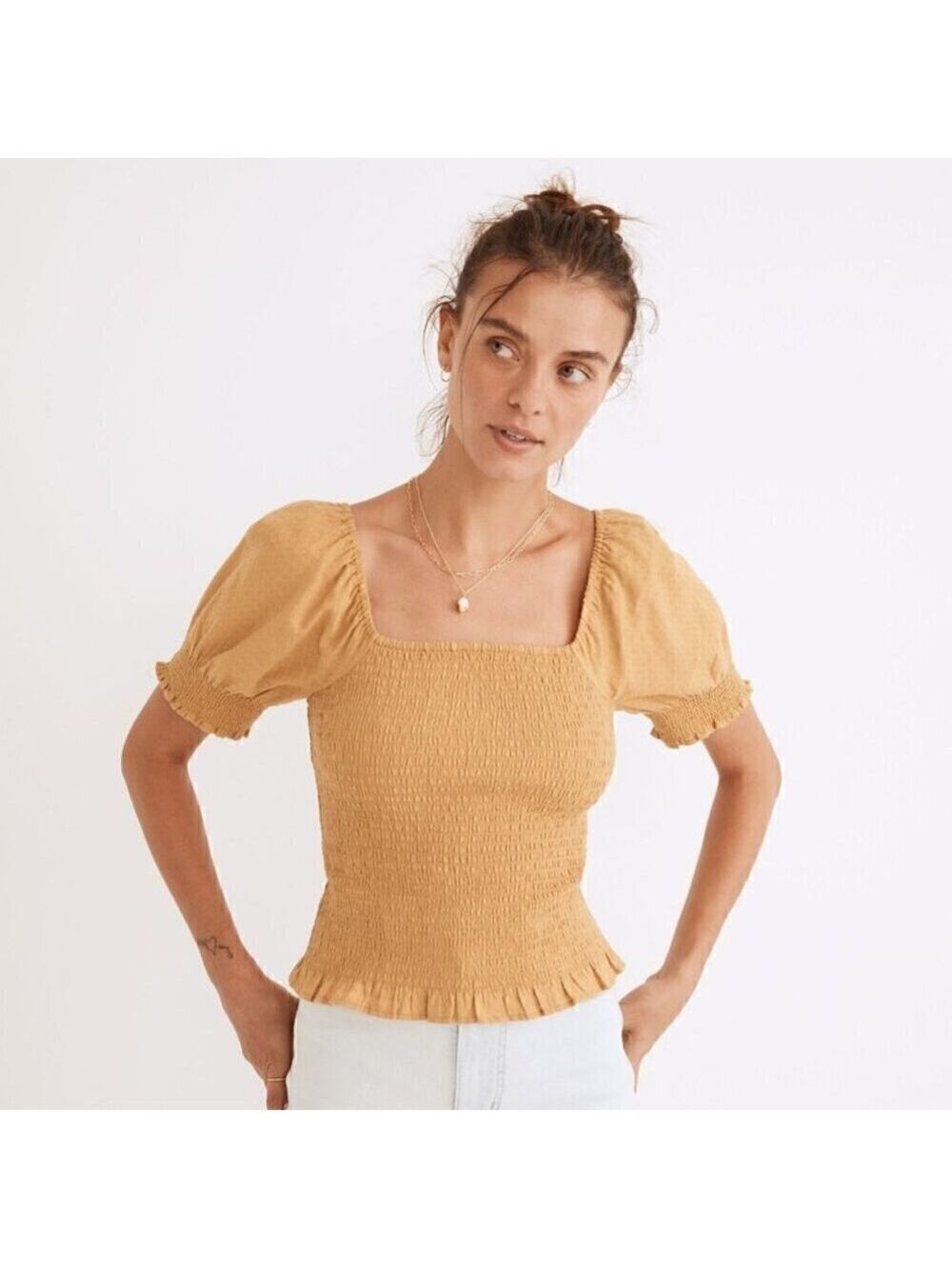 Madewell Yellow Lucie Puff-Sleeve Smocked Bodice Short Sleeve Top Size Small